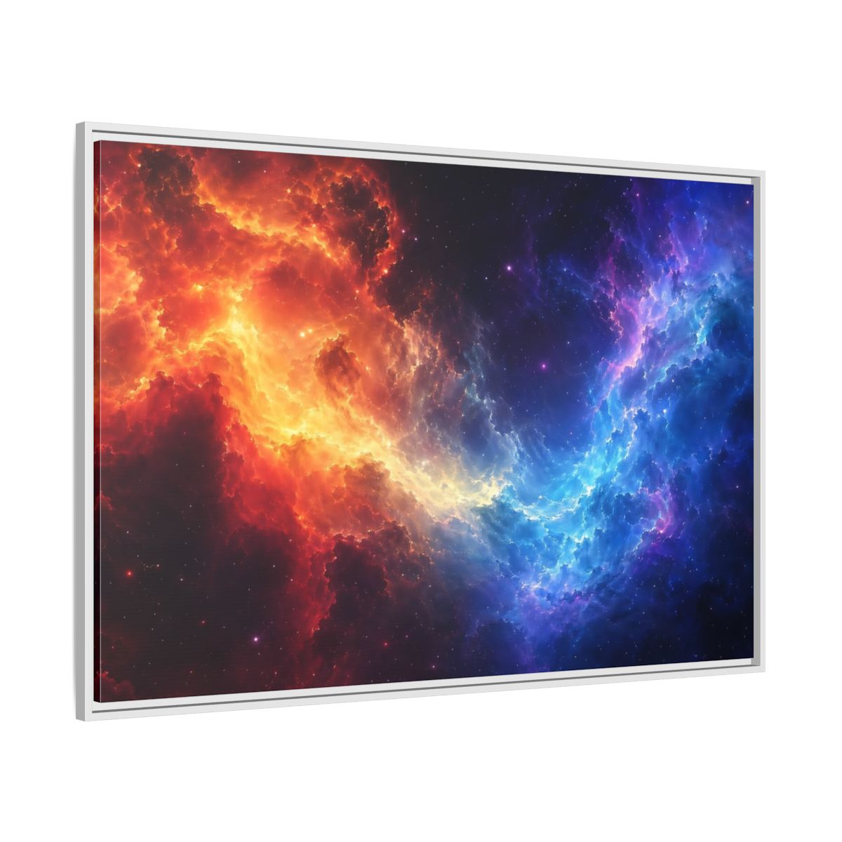 Side Mockup 7. Abstract Nebula Orange Blue Nebula shown as stretched canvas wall art