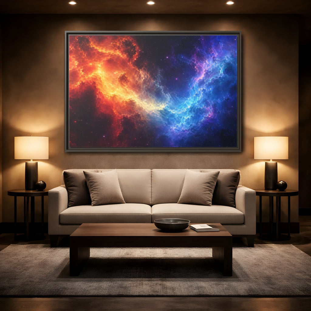 Mockup 2. Abstract Nebula Orange Blue Nebula shown as stretched canvas wall art