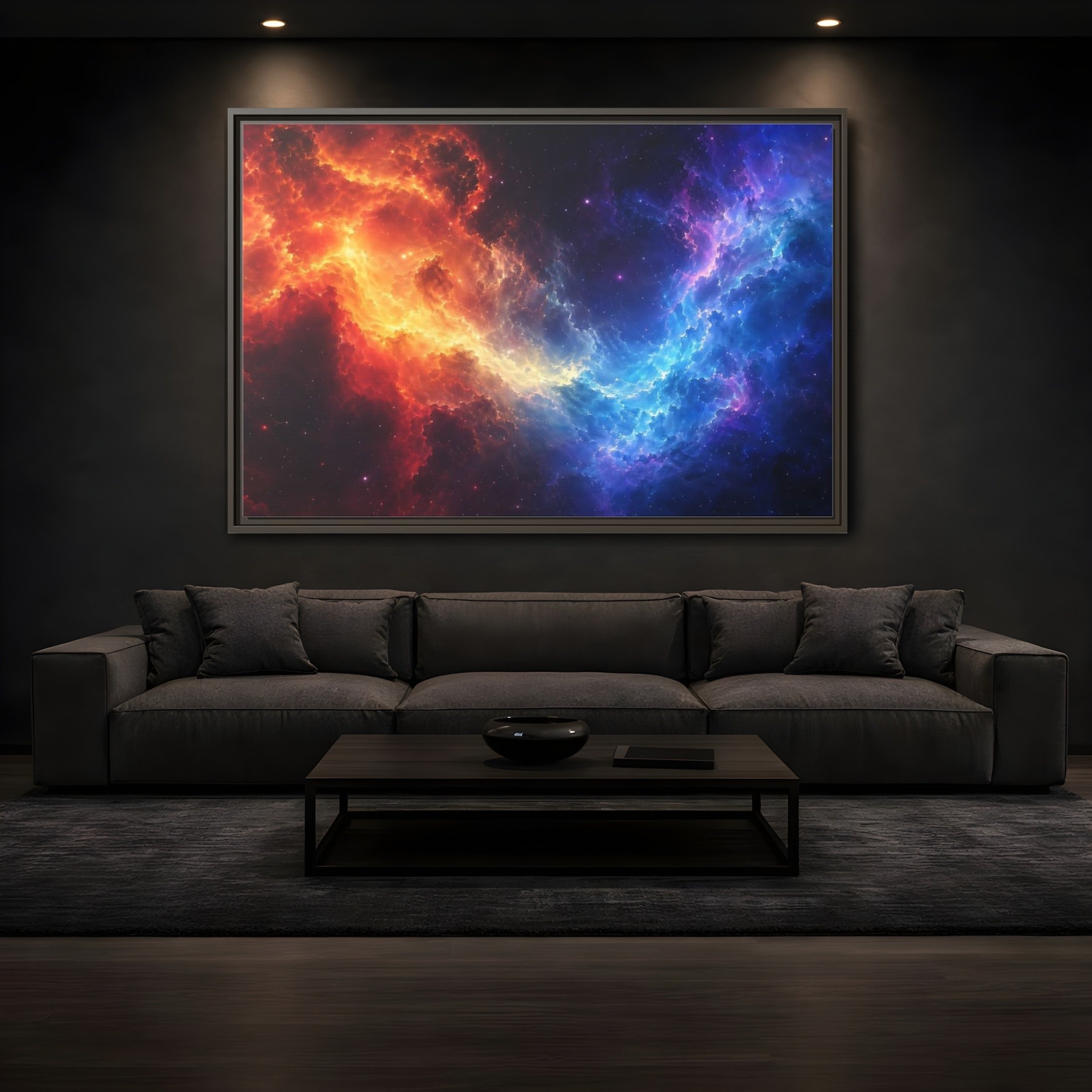 Mockup 3. Abstract Nebula Orange Blue Nebula shown as stretched canvas wall art