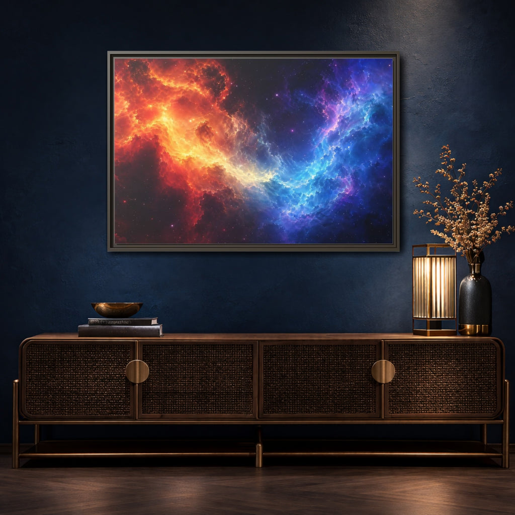 Mockup 4. Abstract Nebula Orange Blue Nebula shown as stretched canvas wall art