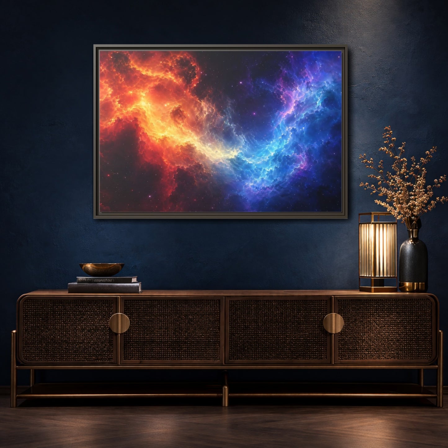 Mockup 4. Abstract Nebula Orange Blue Nebula shown as stretched canvas wall art