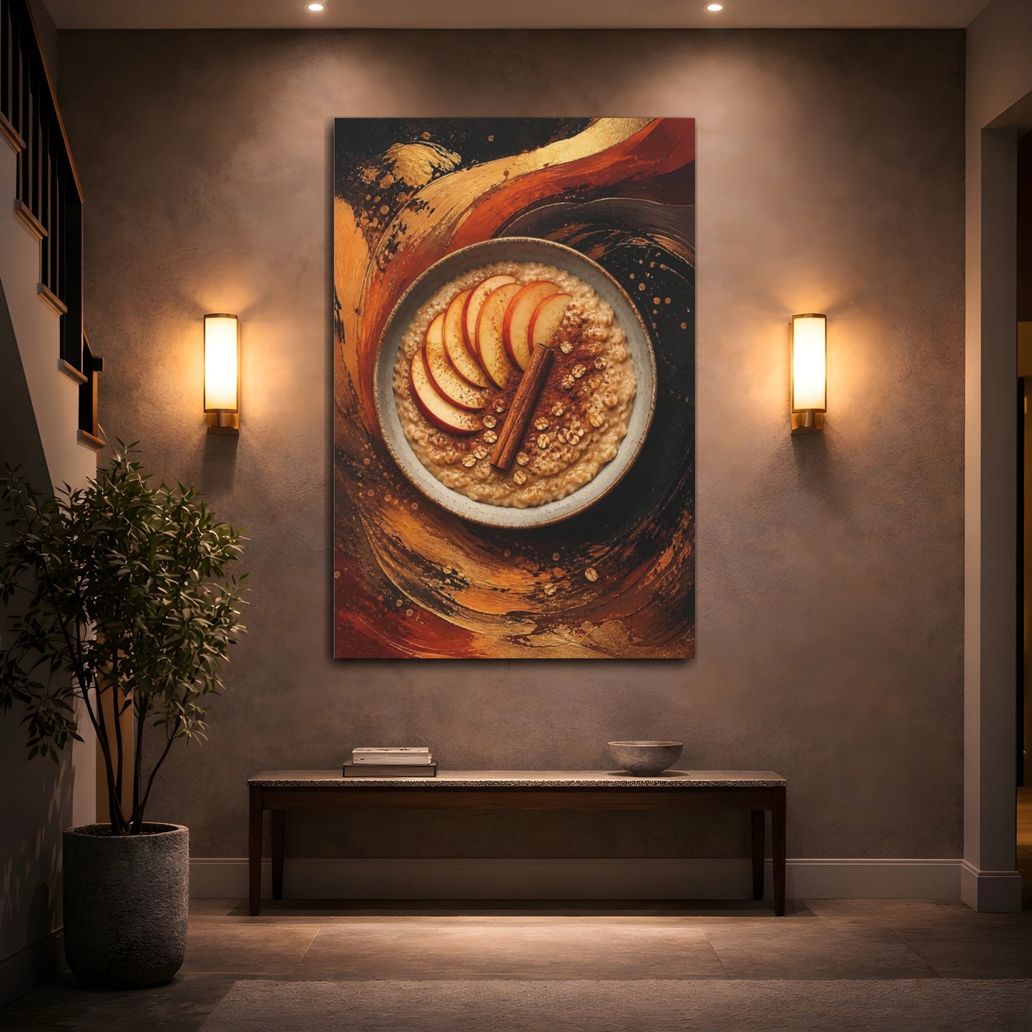 Mockup 2. Abstract Oatmeal Golden Brown shown as stretched canvas wall art