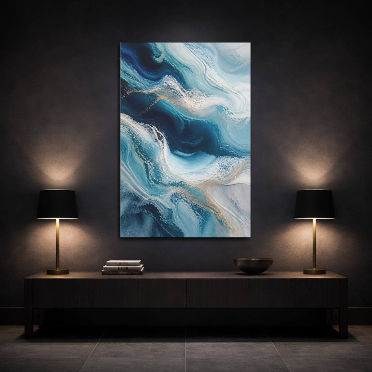 Mockup 3. Abstract Ocean Waves shown as canvas print