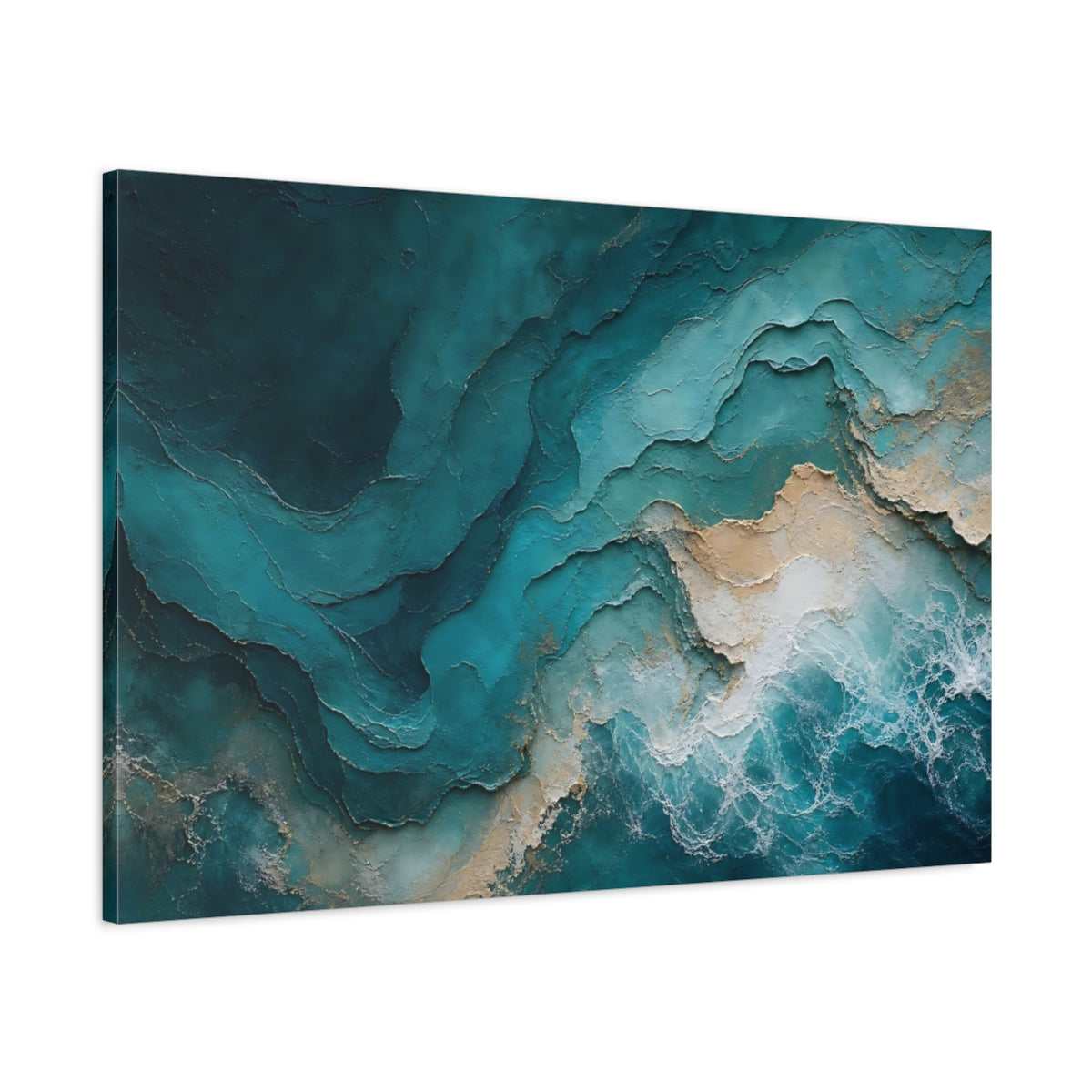 Main Mockup. Abstract Ocean Waves Teal Gold Abstract shown as stretched canvas wall art
