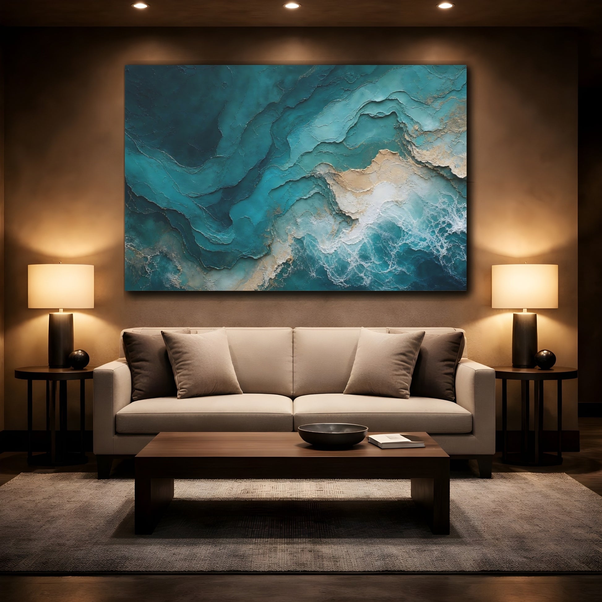 Mockup 2. Abstract Ocean Waves Teal Gold Abstract shown as stretched canvas wall art