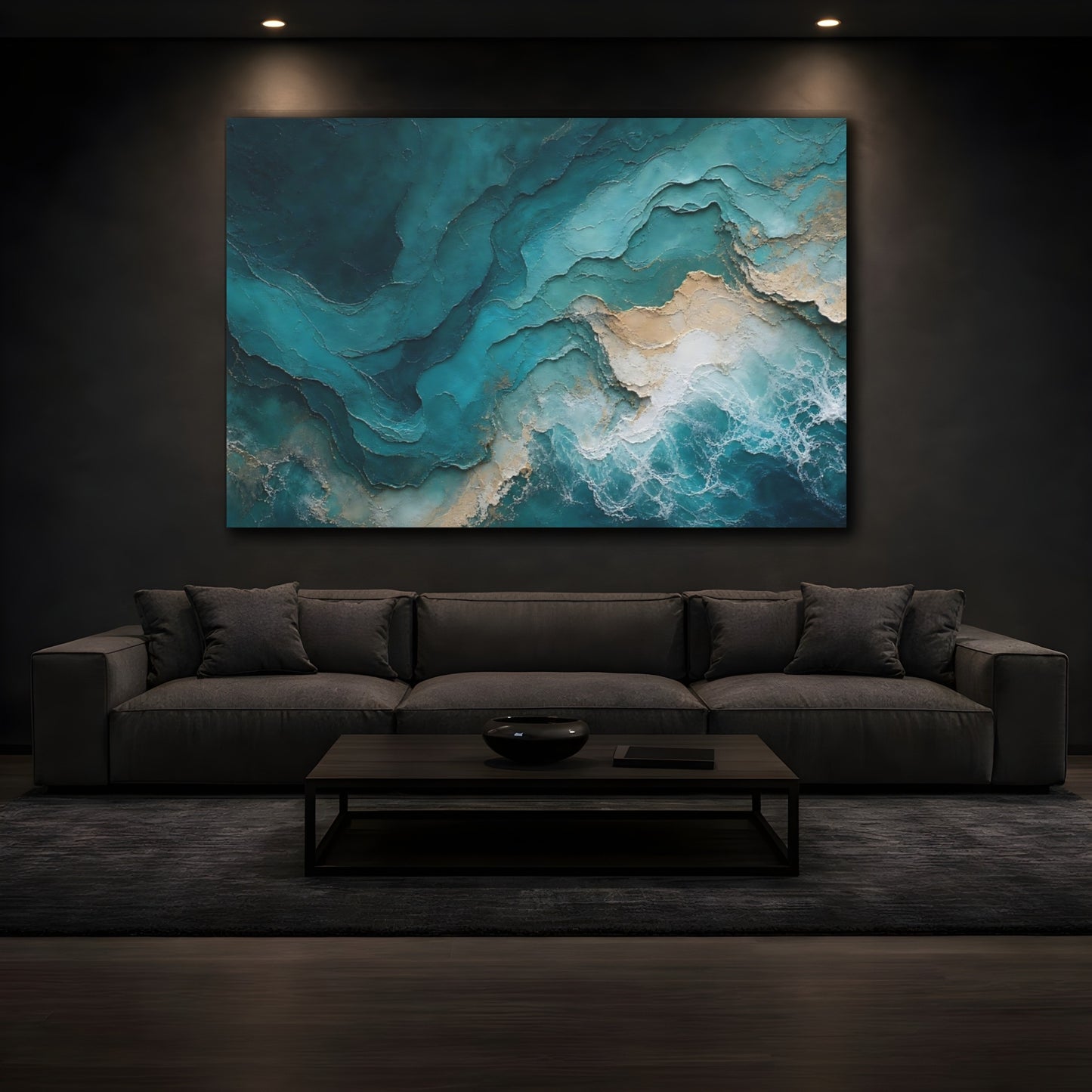 Mockup 3. Abstract Ocean Waves Teal Gold Abstract shown as stretched canvas wall art