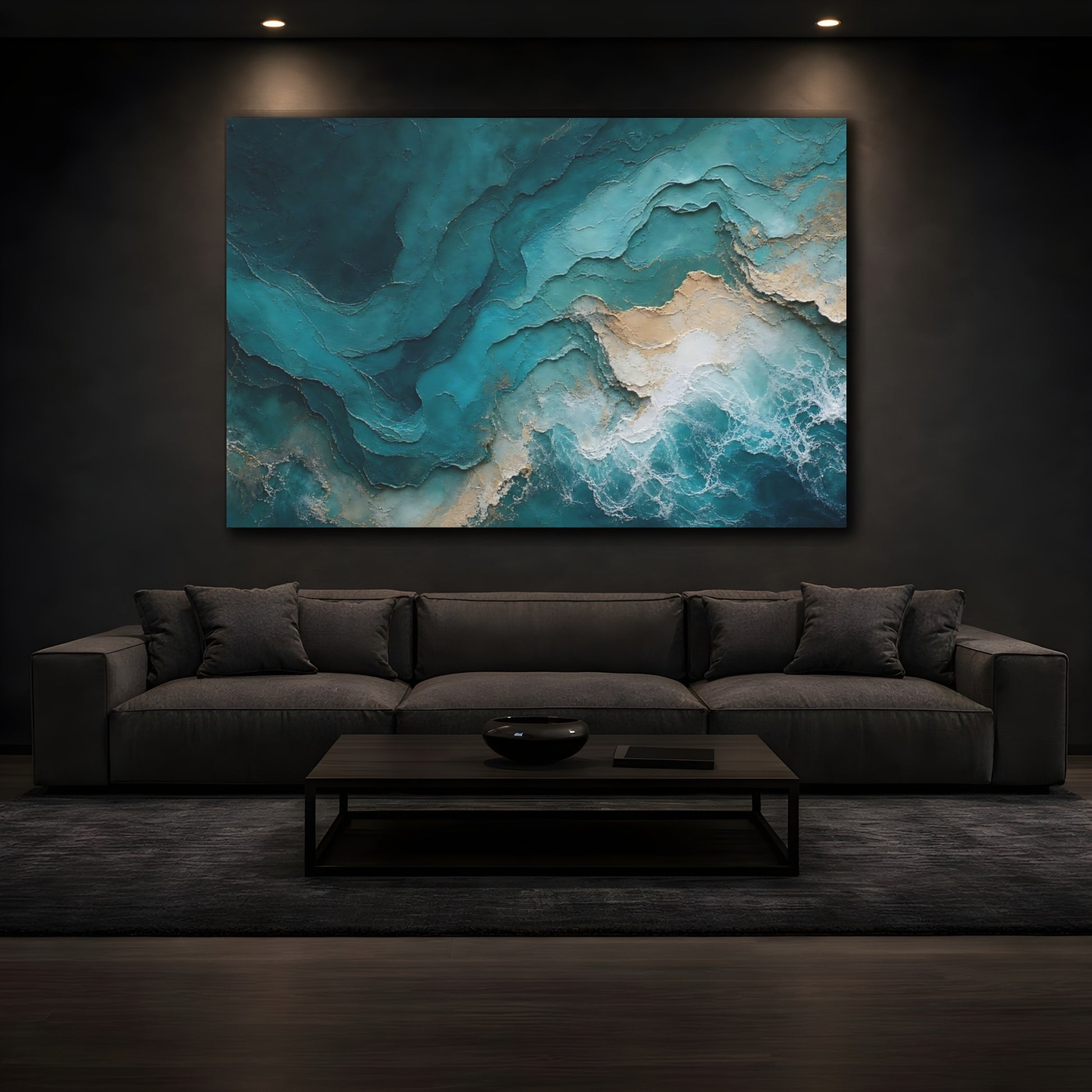 Mockup 3. Abstract Ocean Waves Teal Gold Abstract shown as stretched canvas wall art