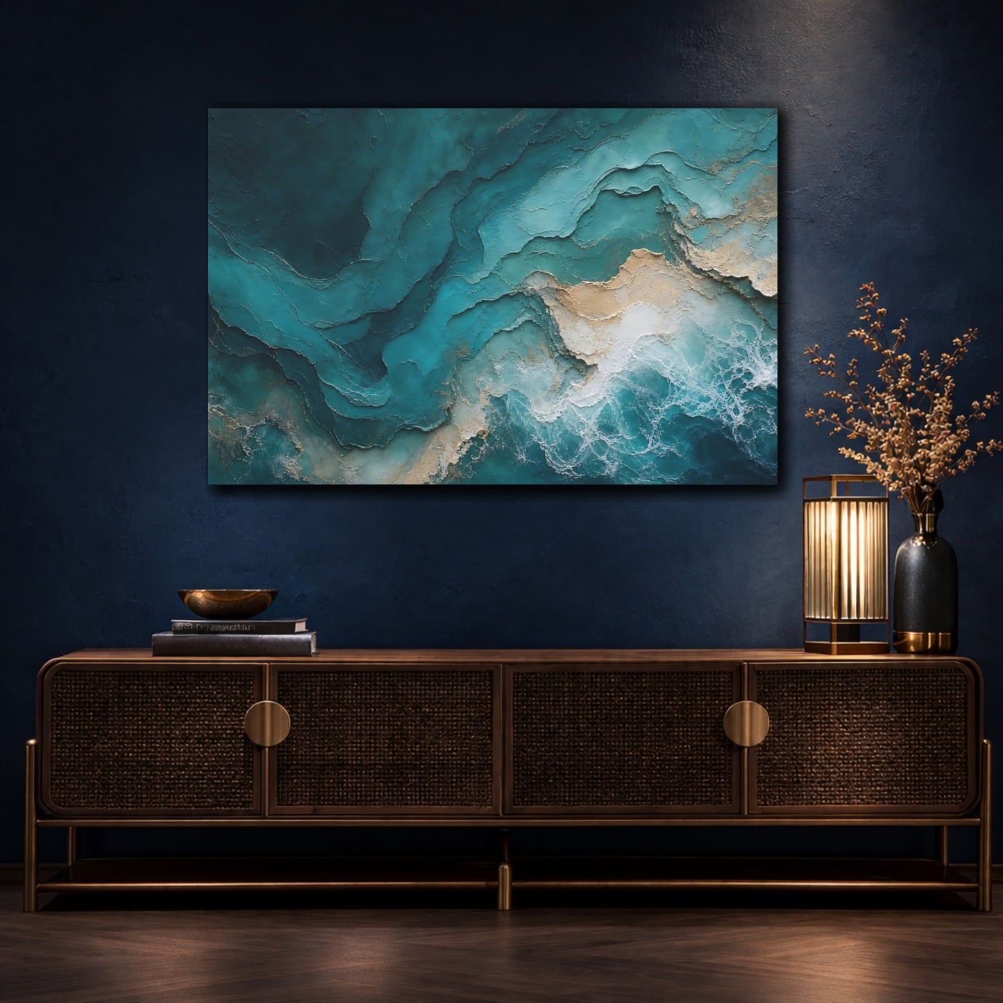Mockup 4. Abstract Ocean Waves Teal Gold Abstract shown as stretched canvas wall art