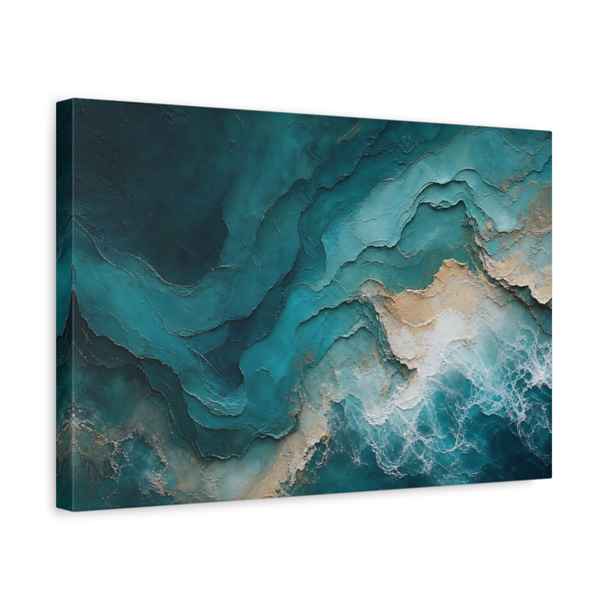 Side Mockup 4. Abstract Ocean Waves Teal Gold Abstract shown as stretched canvas wall art