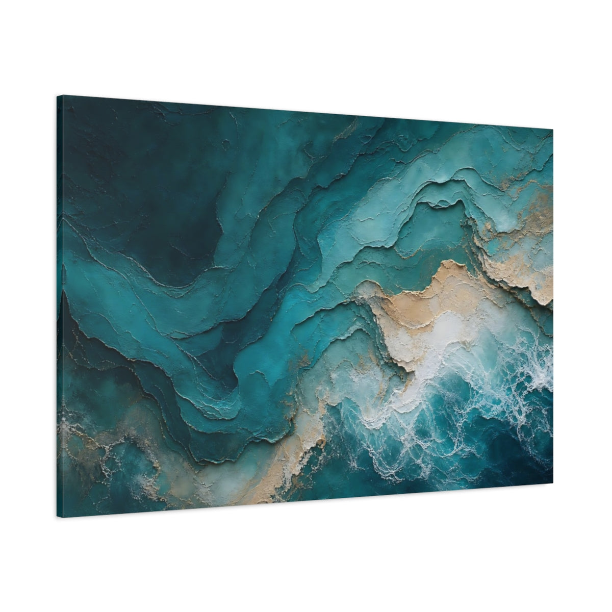 Side Mockup 1. Abstract Ocean Waves Teal Gold Abstract shown as stretched canvas wall art