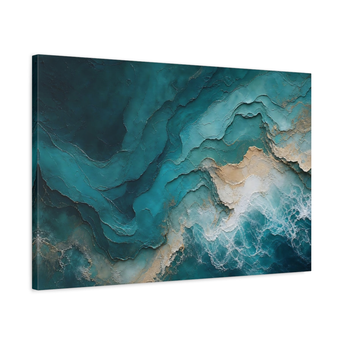 Side Mockup 2. Abstract Ocean Waves Teal Gold Abstract shown as stretched canvas wall art