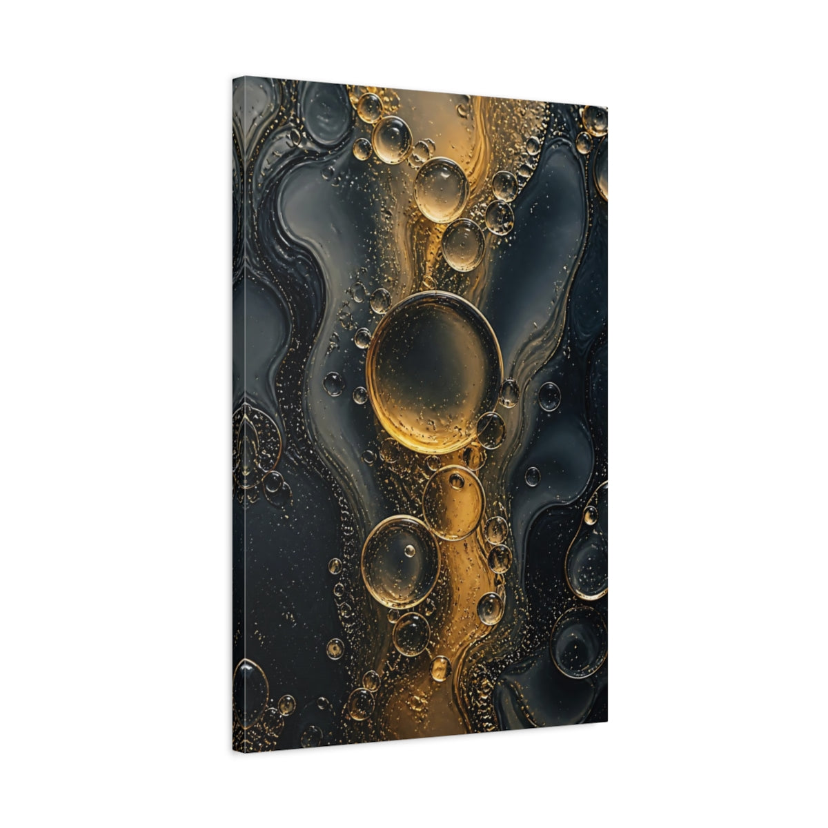 Side Mockup 2. Abstract Oil Bubbles Gold And Black shown as stretched canvas wall art