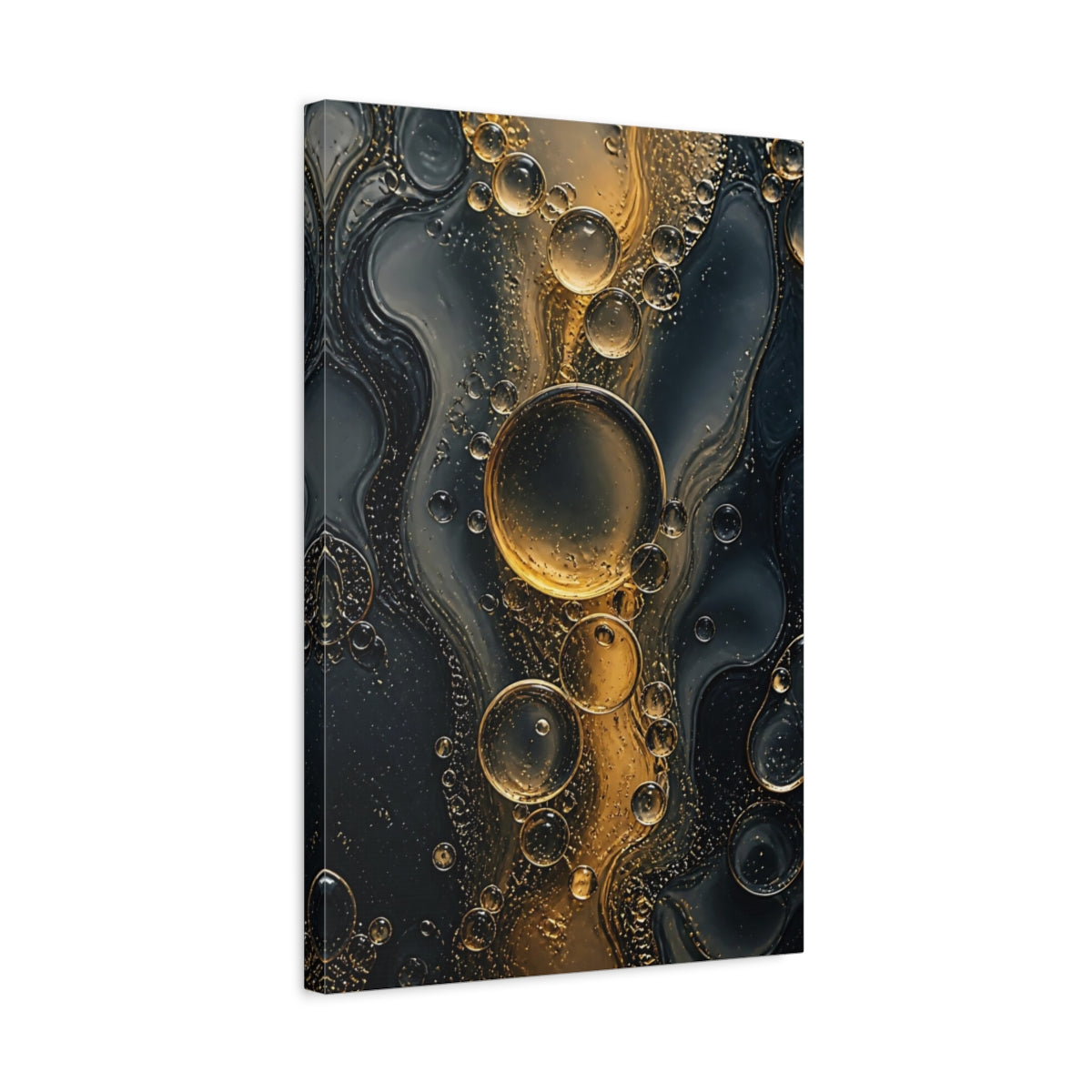 Side Mockup 3. Abstract Oil Bubbles Gold And Black shown as stretched canvas wall art