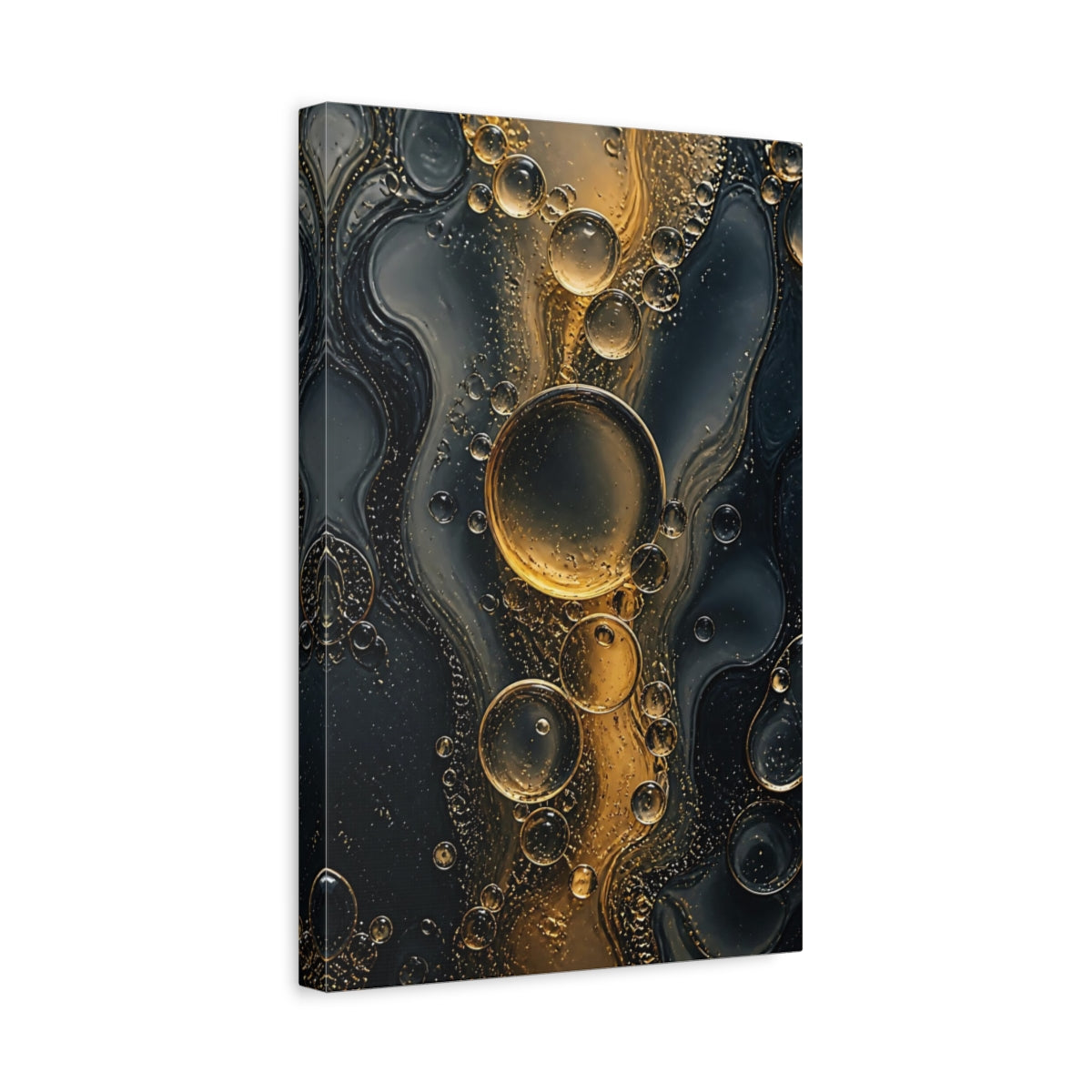 Side Mockup 4. Abstract Oil Bubbles Gold And Black shown as stretched canvas wall art
