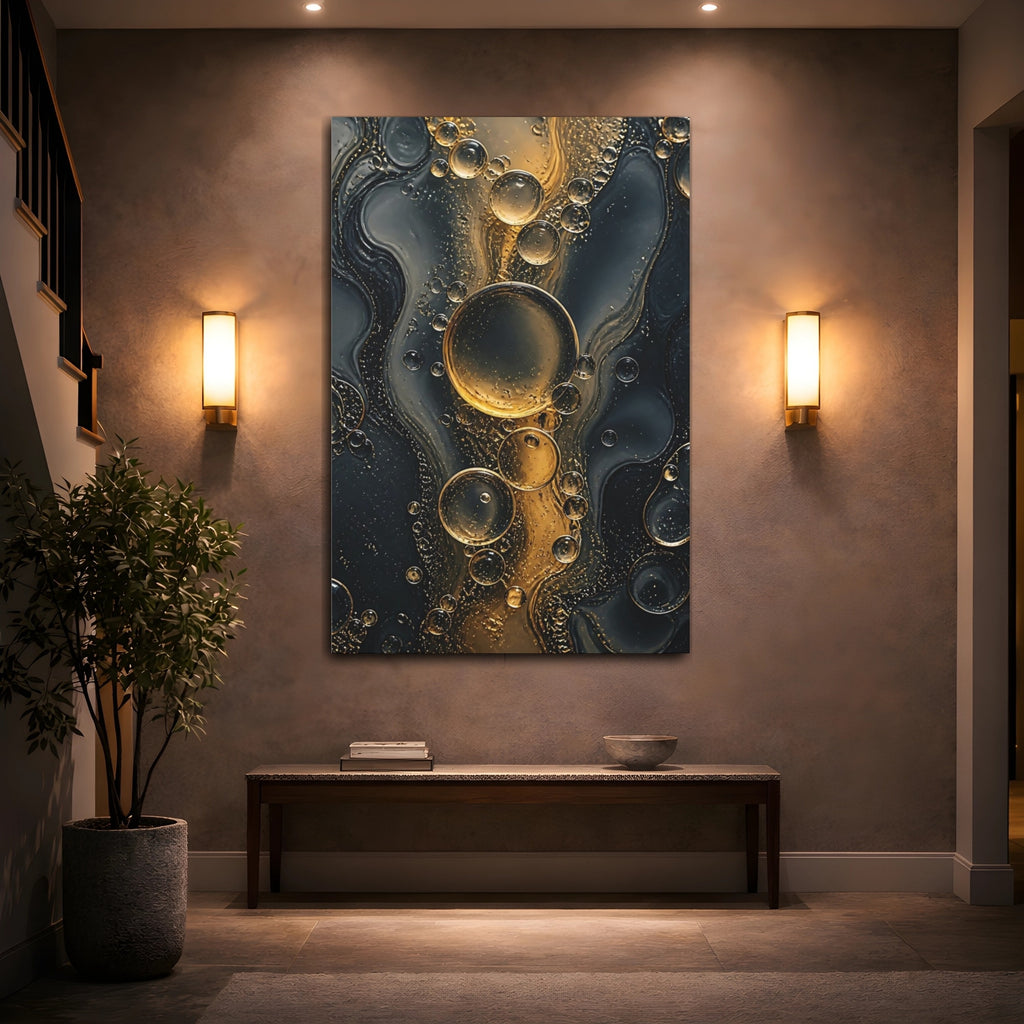 Mockup 2. Abstract Oil Bubbles Gold And Black shown as stretched canvas wall art