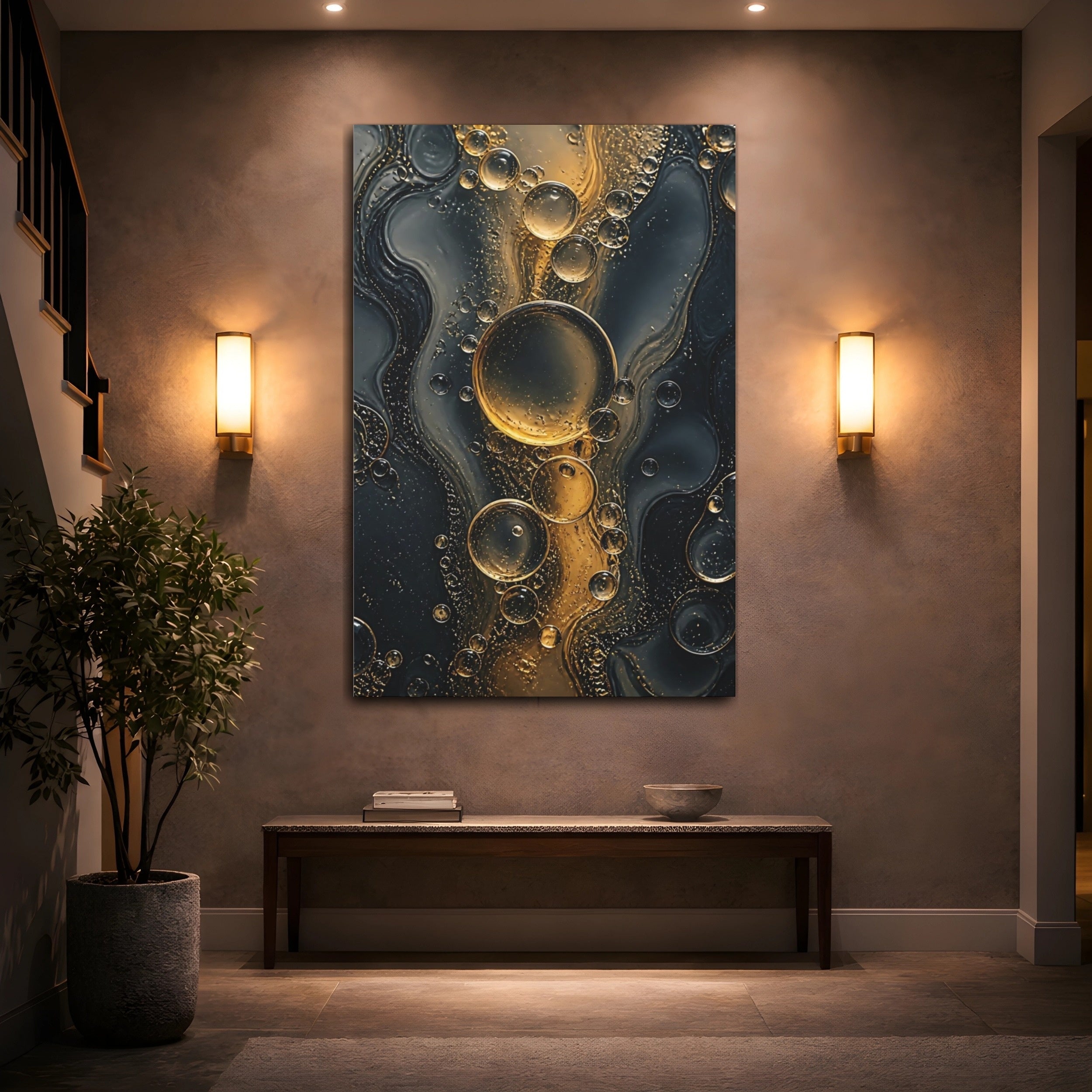 Mockup 2. Abstract Oil Bubbles Gold And Black shown as stretched canvas wall art