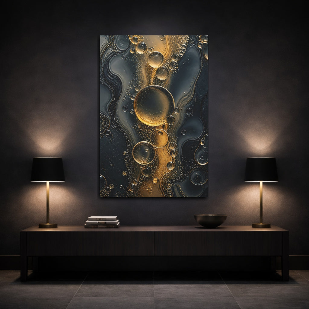 Mockup 3. Abstract Oil Bubbles Gold And Black shown as stretched canvas wall art