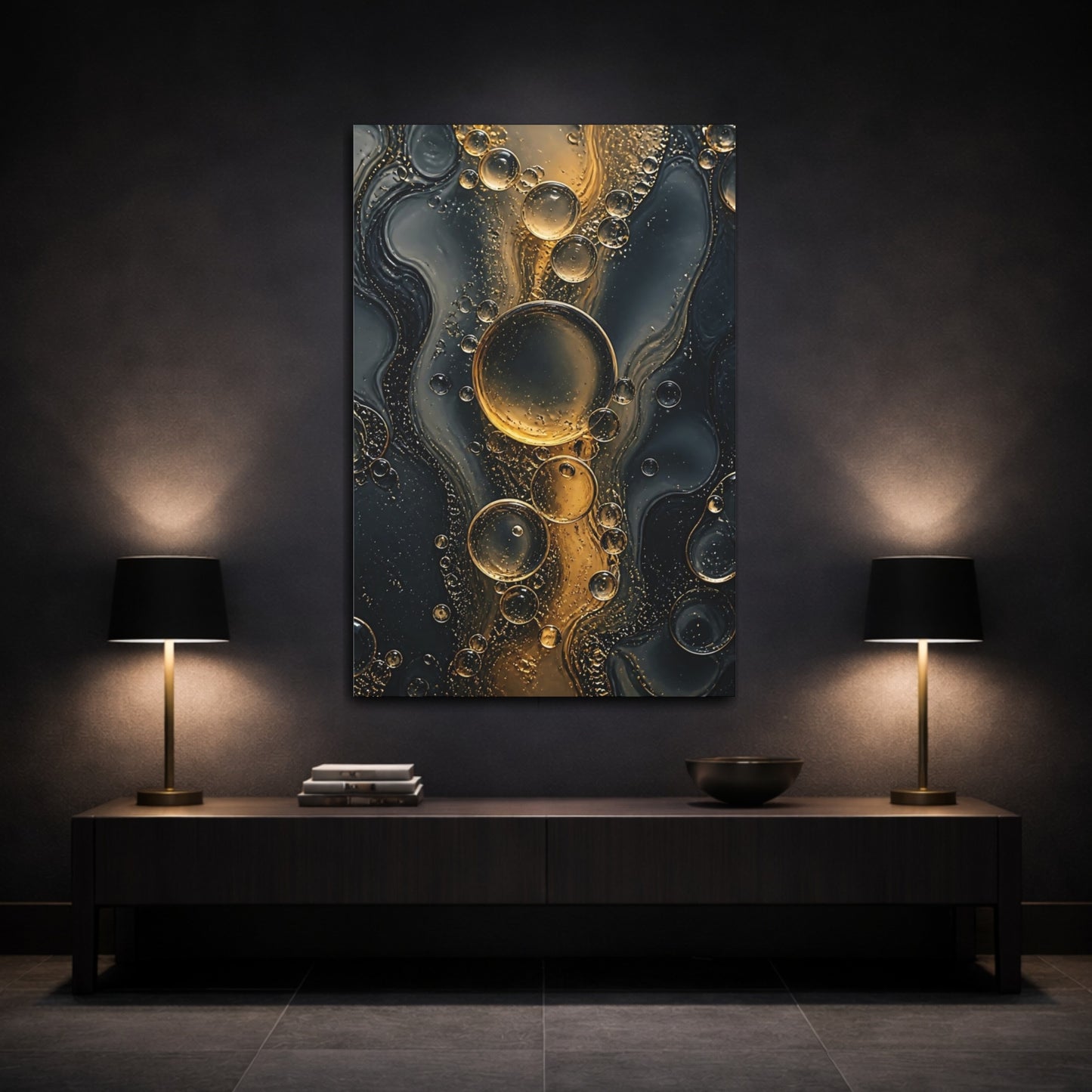 Abstract Oil Bubbles Gold and Black Canvas Wall Art Print - Living Room Decor shown as canvas wall art