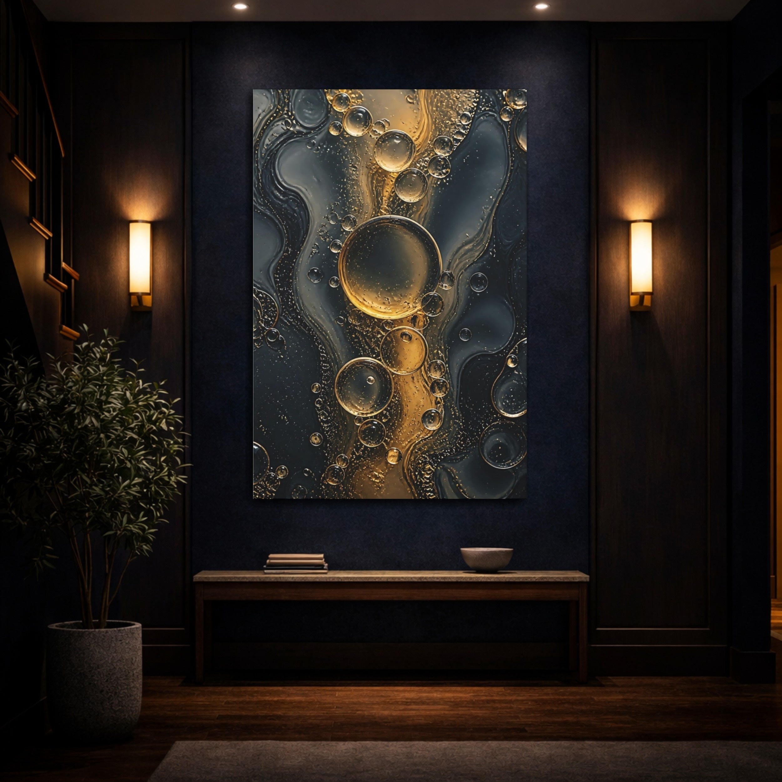 Mockup 4. Abstract Oil Bubbles Gold And Black shown as stretched canvas wall art