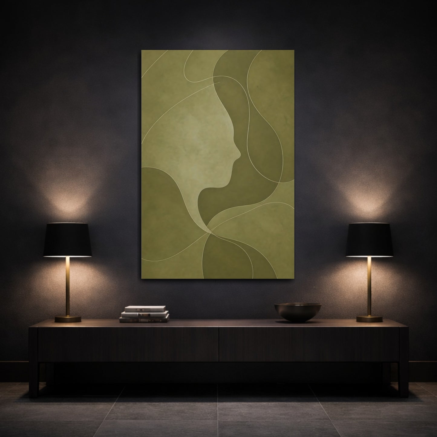 Mockup 3. Abstract Olive Face Profile shown as canvas print