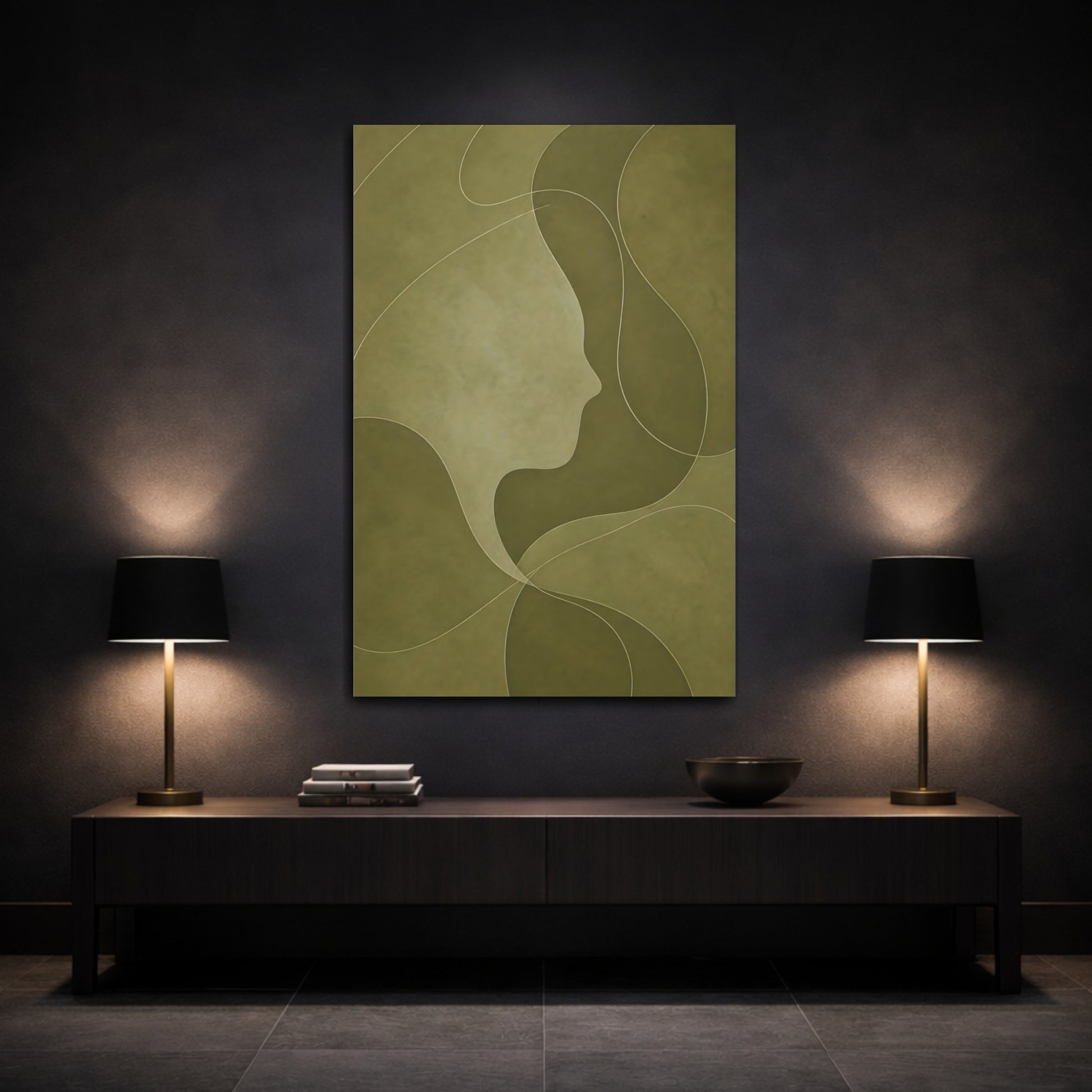 Mockup 3. Abstract Olive Face Profile shown as canvas print