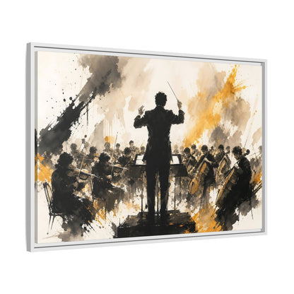 Side Mockup 9. Abstract Orchestra Black Gold Orchestra Art shown as framed canvas print