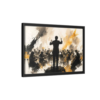 Side Mockup 3. Abstract Orchestra Black Gold Orchestra Art shown as framed canvas print