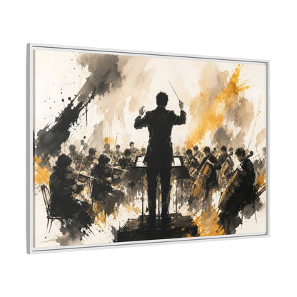 Side Mockup 7. Abstract Orchestra Black Gold Orchestra Art shown as framed canvas print