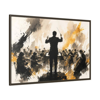 Side Mockup 8. Abstract Orchestra Black Gold Orchestra Art shown as framed canvas print