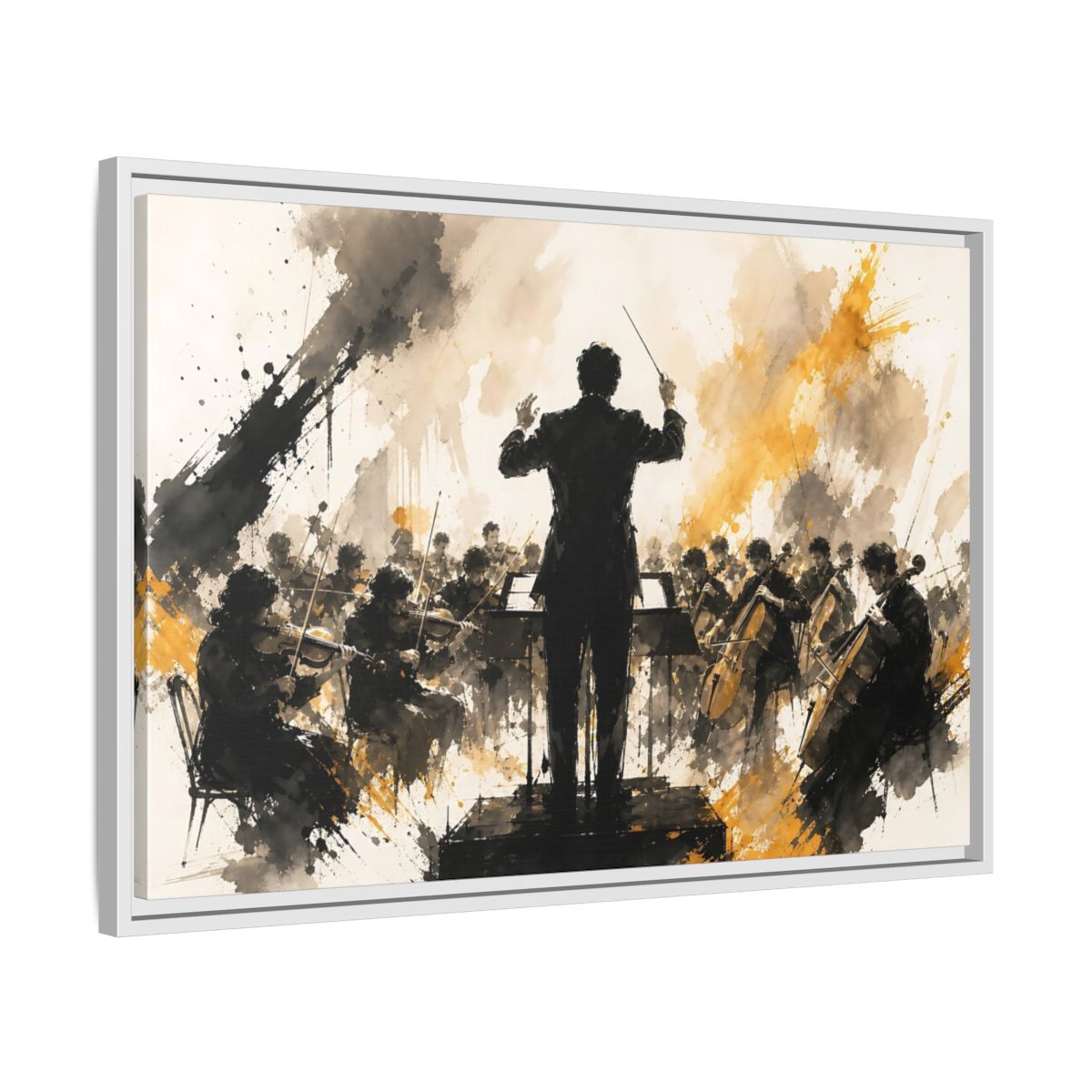 Side Mockup 10. Abstract Orchestra Black Gold Orchestra Art shown as framed canvas print