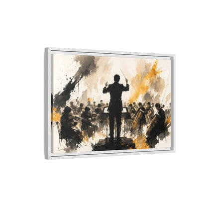 Side Mockup 1. Abstract Orchestra Black Gold Orchestra Art shown as framed canvas print
