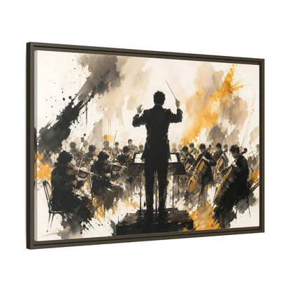 Main Mockup. Abstract Orchestra Black Gold Orchestra Art shown as framed canvas print