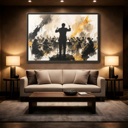 Mockup 2. Abstract Orchestra Black Gold Orchestra Art shown as framed canvas print