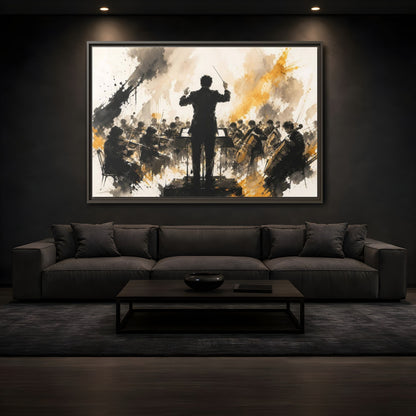 Mockup 3. Abstract Orchestra Black Gold Orchestra Art shown as framed canvas print