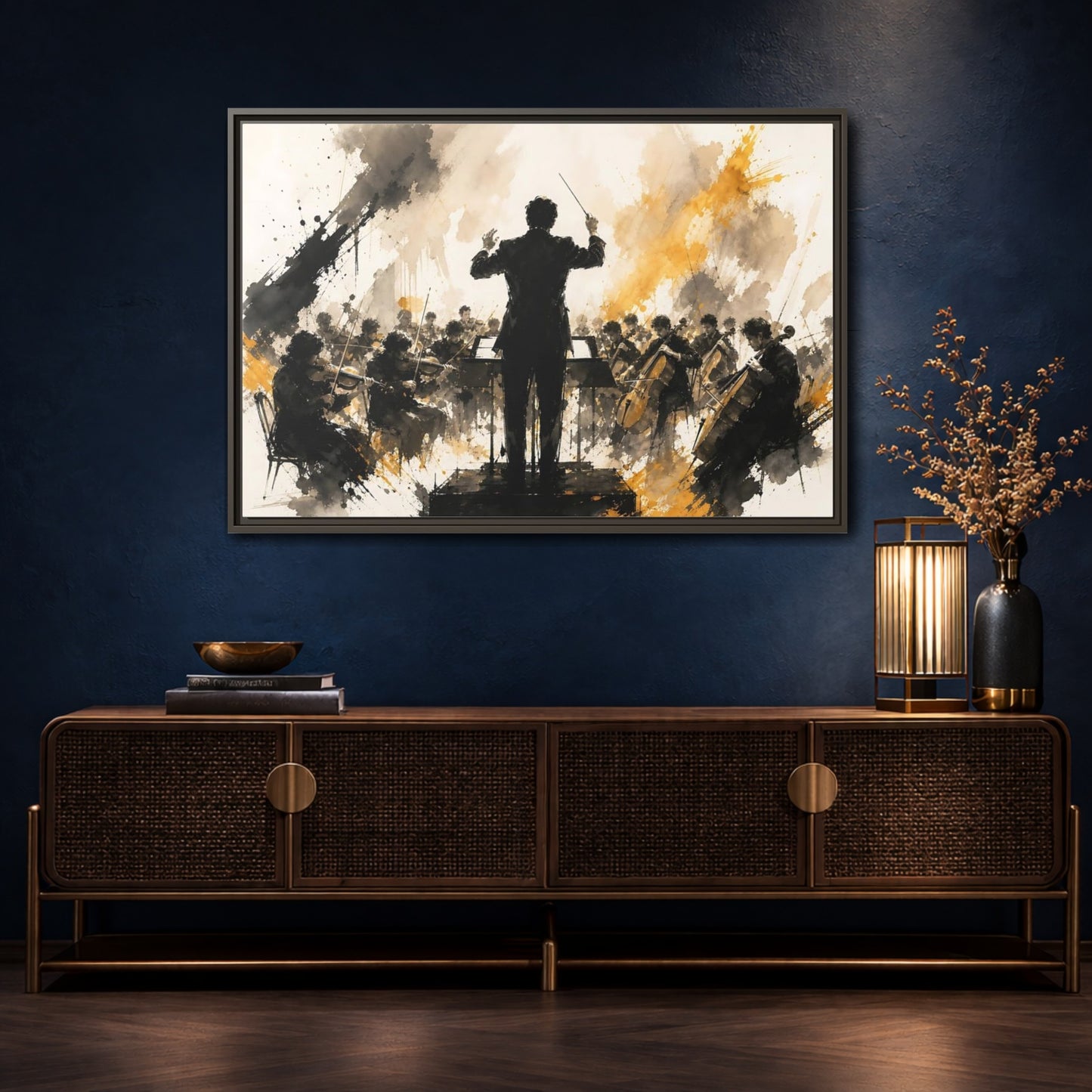 Mockup 4. Abstract Orchestra Black Gold Orchestra Art shown as framed canvas print