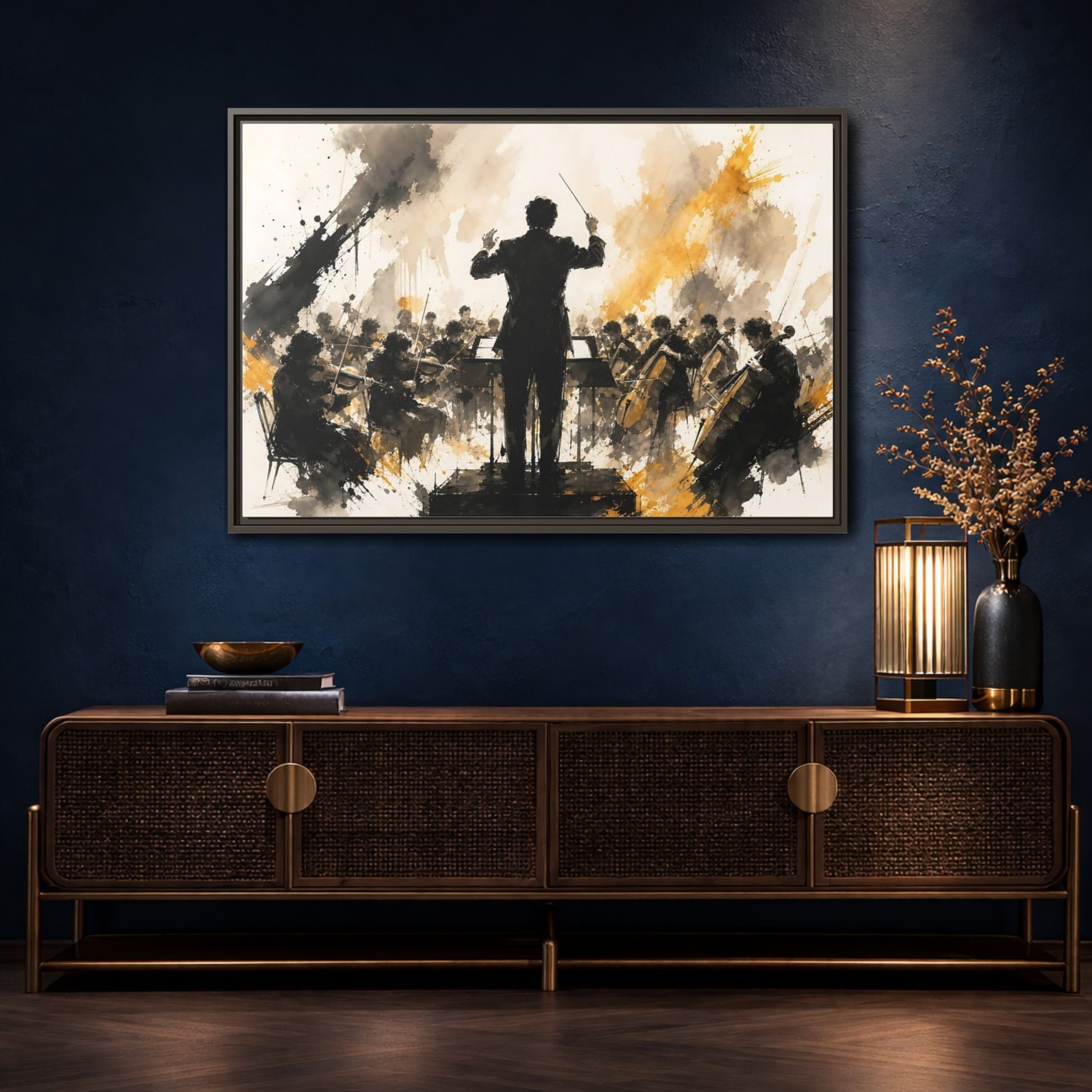 Mockup 4. Abstract Orchestra Black Gold Orchestra Art shown as framed canvas print