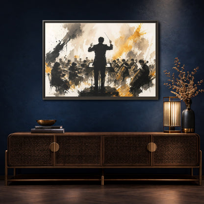 Mockup 4. Abstract Orchestra Black Gold Orchestra Art shown as framed canvas print