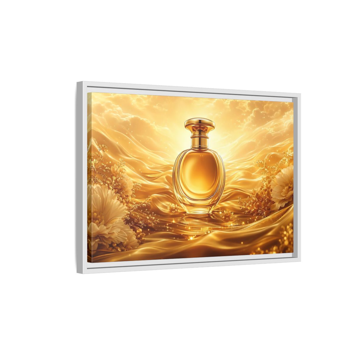 Side Mockup 1. Abstract Perfume Bottle Gold Perfume Bottle shown as stretched canvas wall art