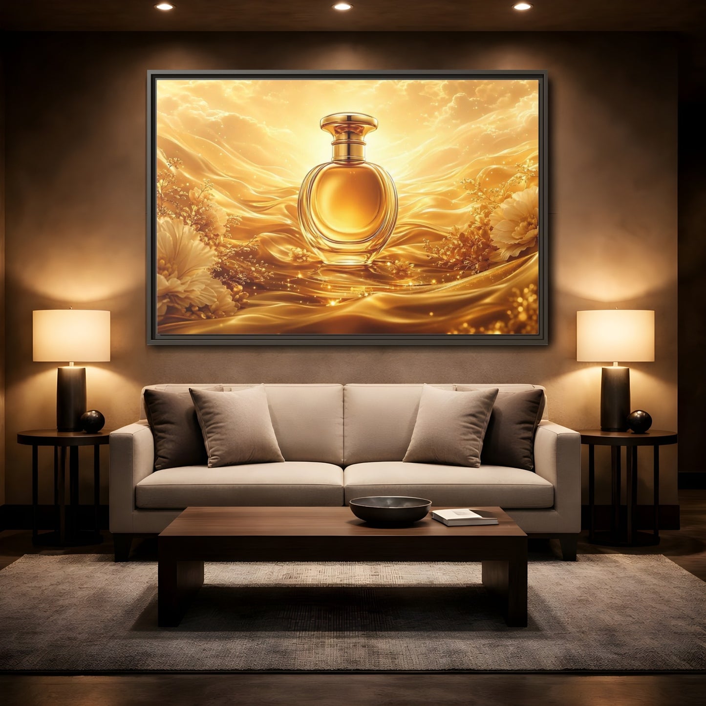 Mockup 2. Abstract Perfume Bottle Gold Perfume Bottle shown as stretched canvas wall art