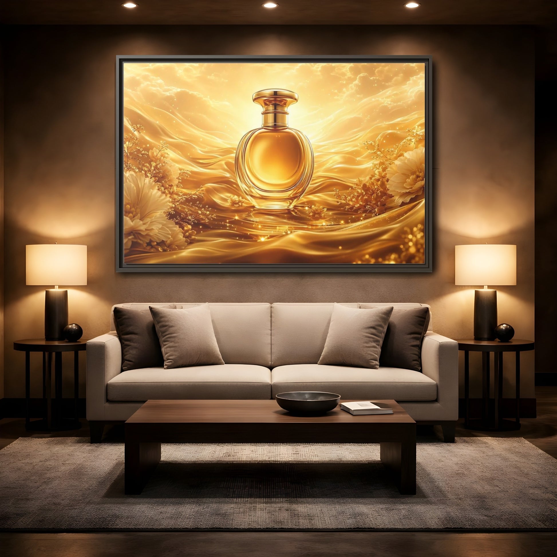 Mockup 2. Abstract Perfume Bottle Gold Perfume Bottle shown as stretched canvas wall art