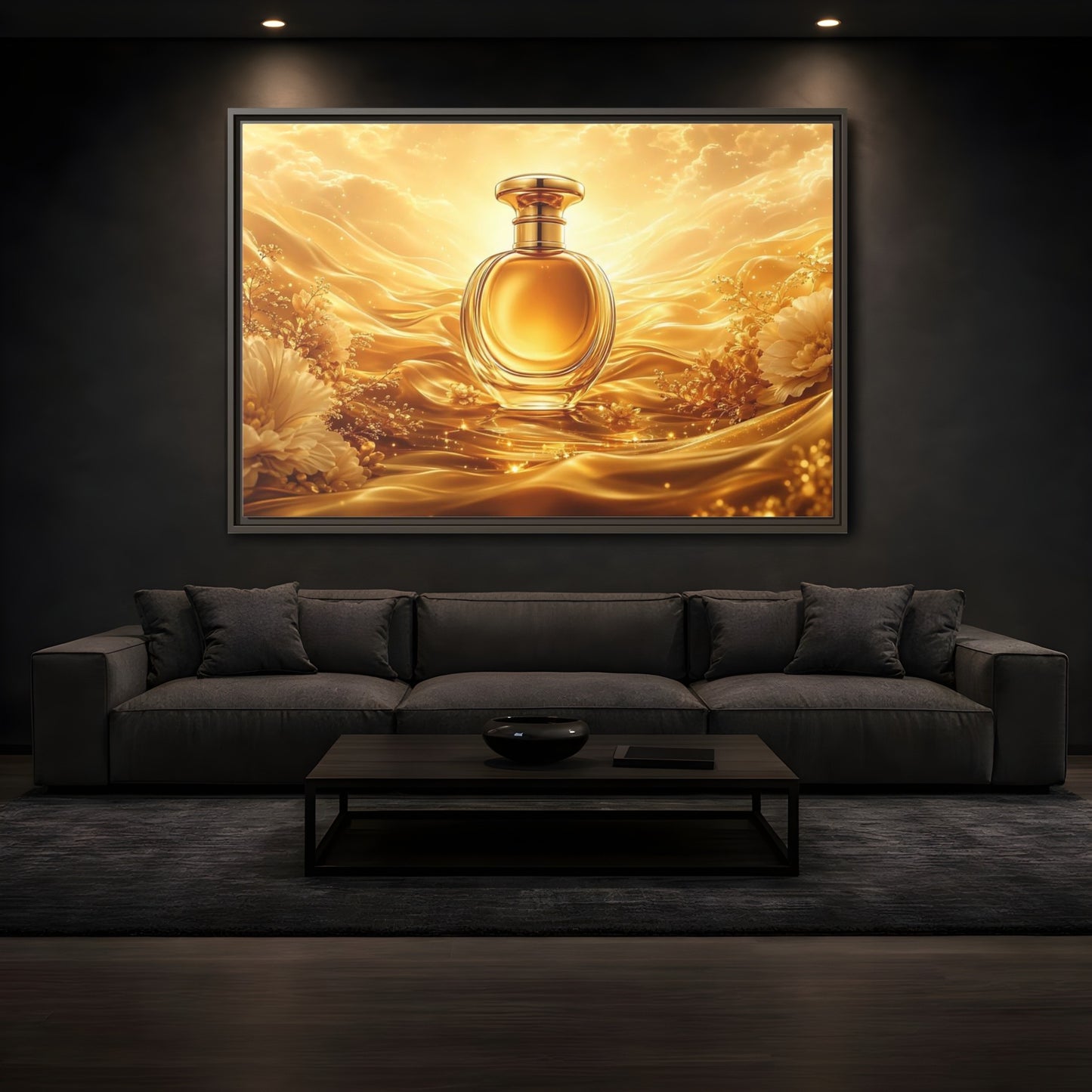 Mockup 3. Abstract Perfume Bottle Gold Perfume Bottle shown as stretched canvas wall art