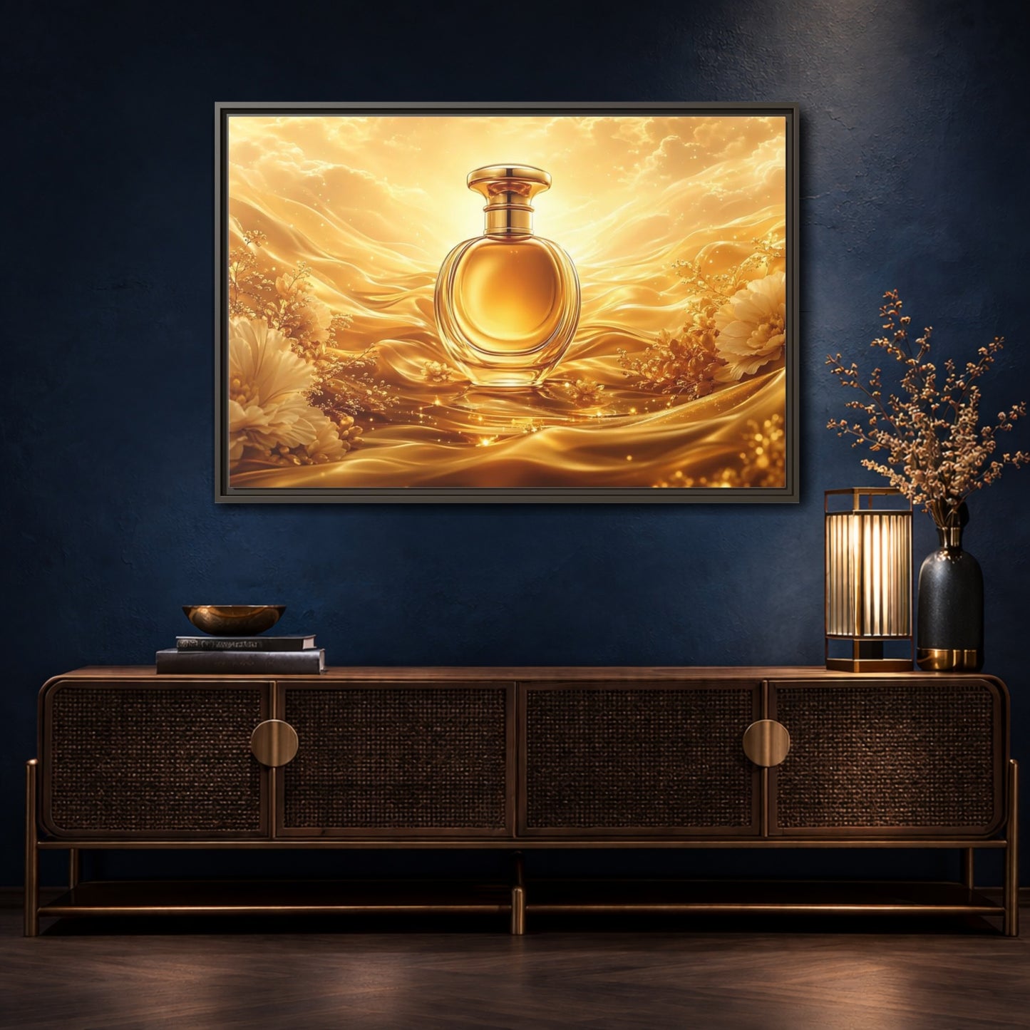 Mockup 4. Abstract Perfume Bottle Gold Perfume Bottle shown as stretched canvas wall art
