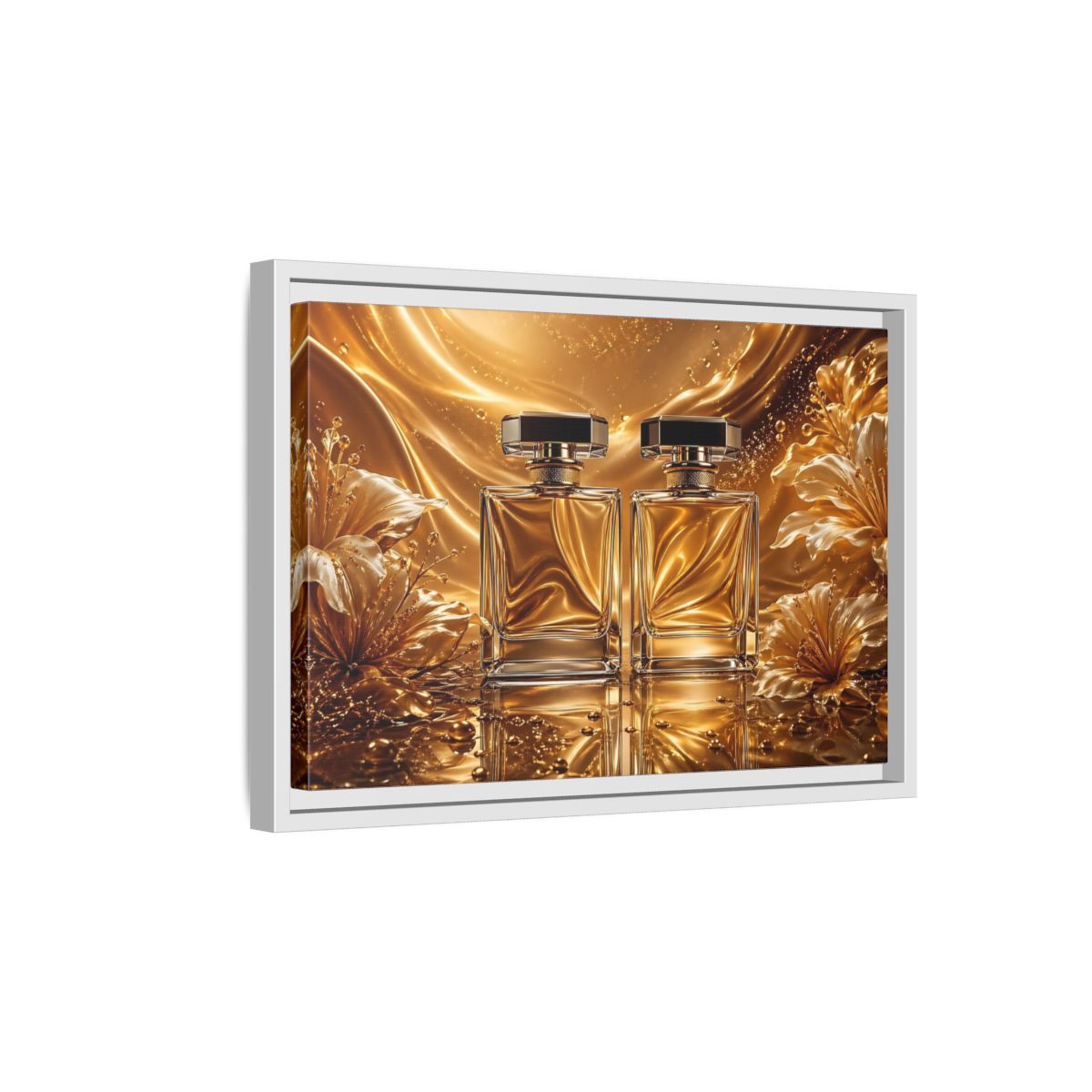 Side Mockup 4. Abstract Perfume Bottles Golden Perfume shown as stretched canvas wall art