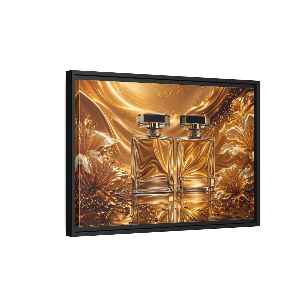 Side Mockup 3. Abstract Perfume Bottles Golden Perfume shown as stretched canvas wall art