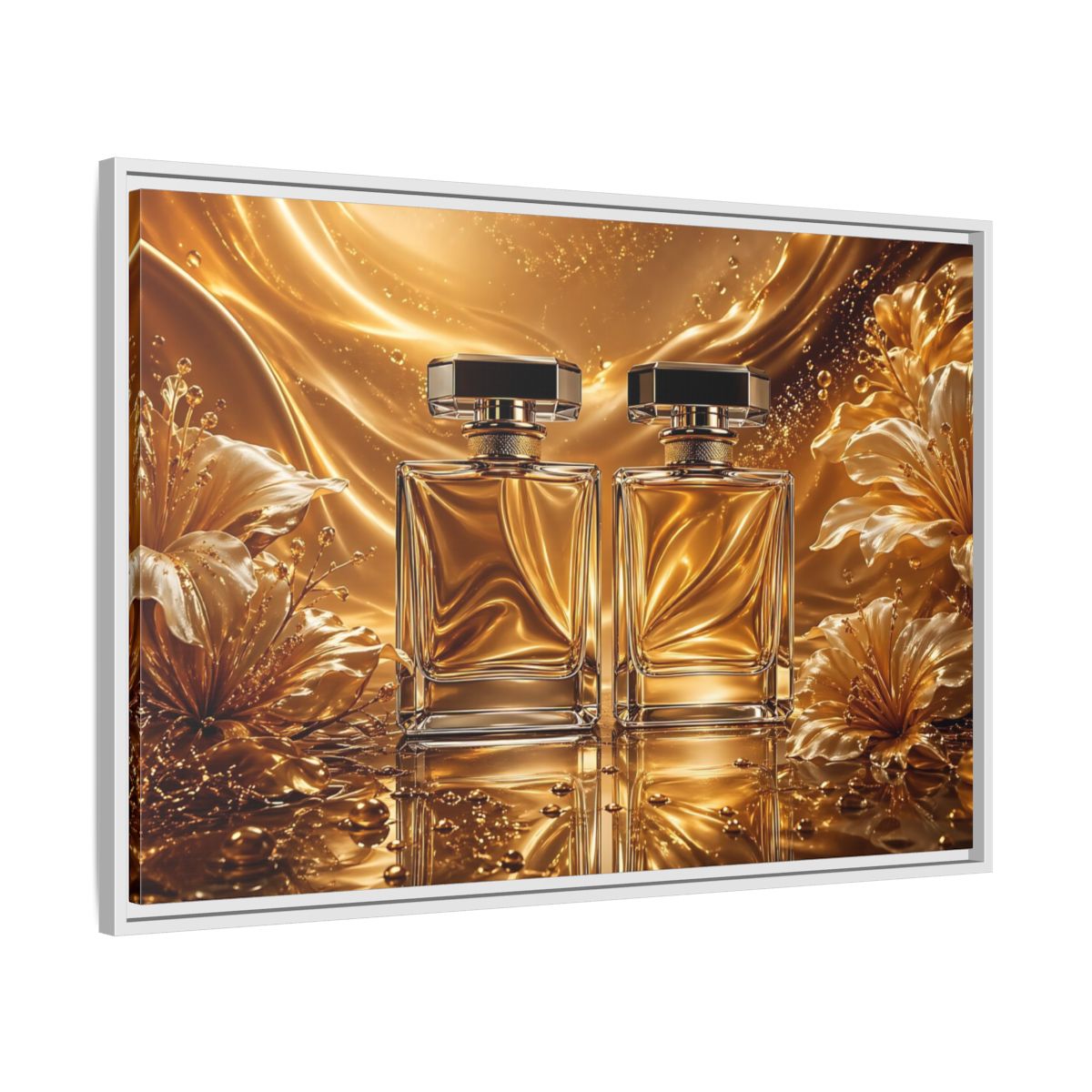 Side Mockup 9. Abstract Perfume Bottles Golden Perfume shown as stretched canvas wall art