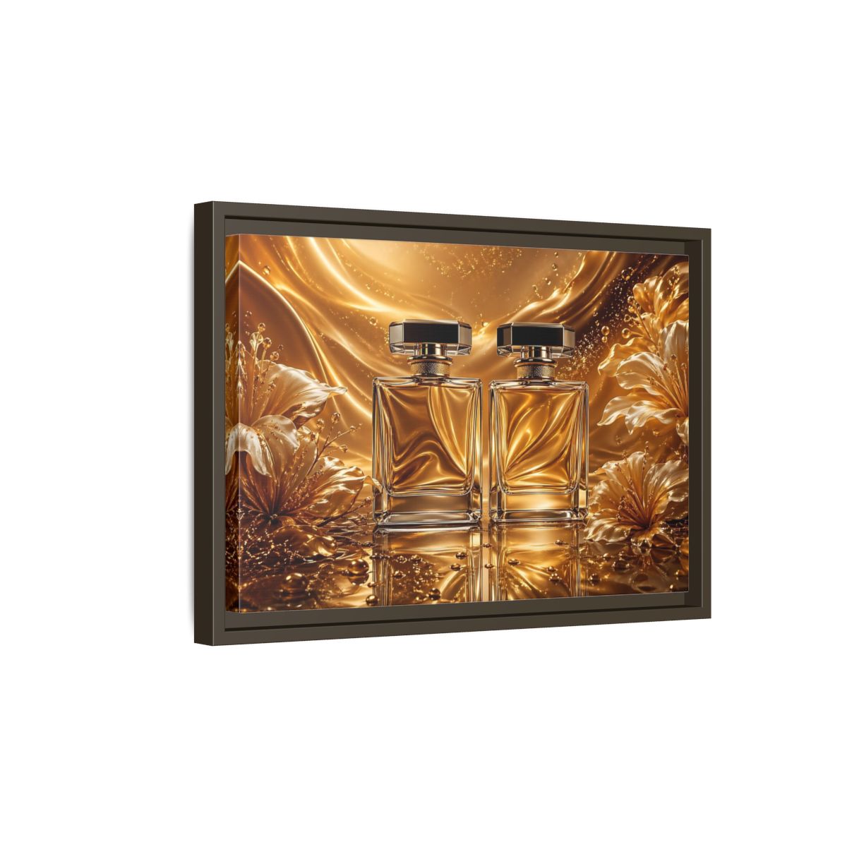 Side Mockup 5. Abstract Perfume Bottles Golden Perfume shown as stretched canvas wall art