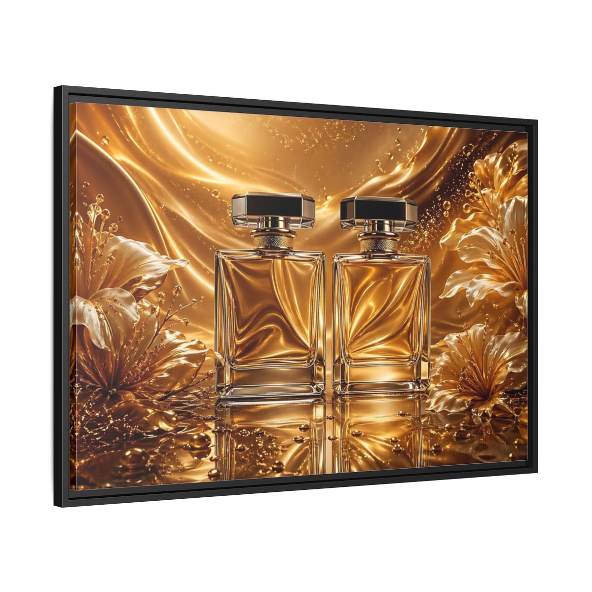 Side Mockup 13. Abstract Perfume Bottles Golden Perfume shown as stretched canvas wall art