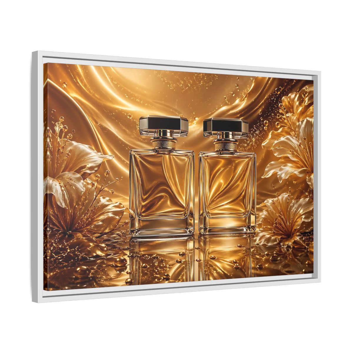 Side Mockup 10. Abstract Perfume Bottles Golden Perfume shown as stretched canvas wall art