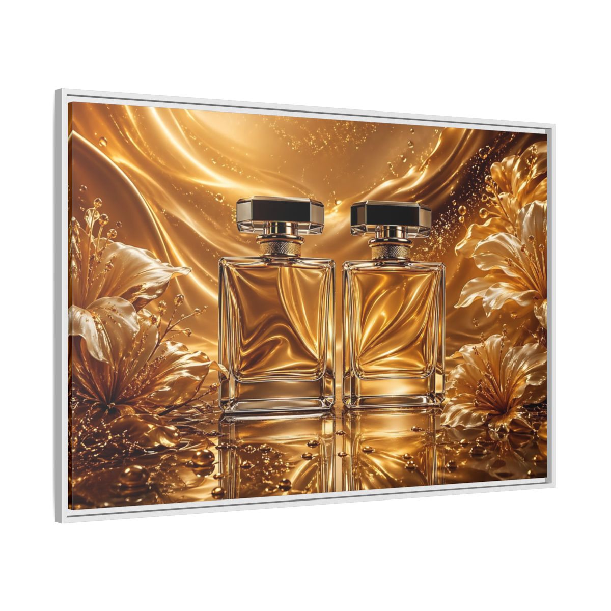 Side Mockup 7. Abstract Perfume Bottles Golden Perfume shown as stretched canvas wall art