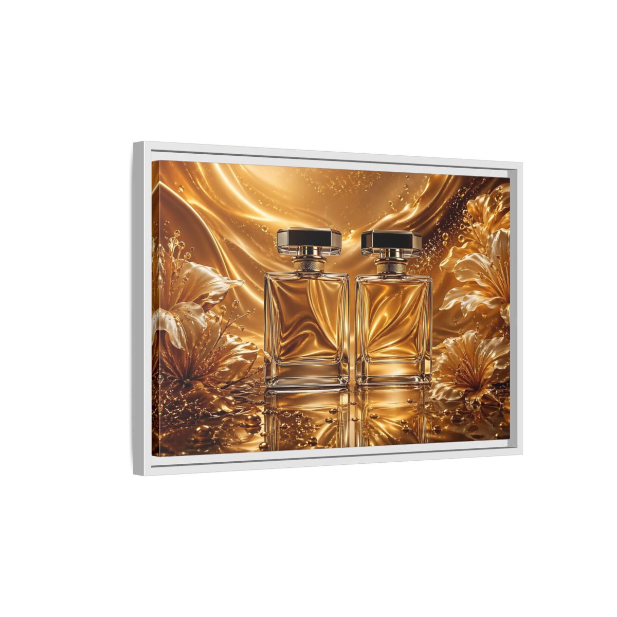 Side Mockup 1. Abstract Perfume Bottles Golden Perfume shown as stretched canvas wall art